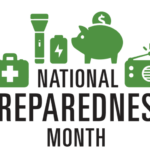 National Preparedness Month. Icons representing a first aid kit, a flashlight, a battery, a piggy bank, and a radio.