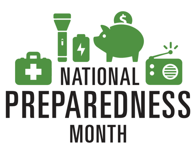 National Preparedness Month. Icons representing a first aid kit, a flashlight, a battery, a piggy bank, and a radio.