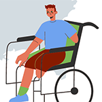 Young man in a wheelchair with amputated arm and leg