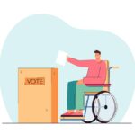 Illustration of a person using a wheelchair putting their ballot in ballot box labeled “Vote”.