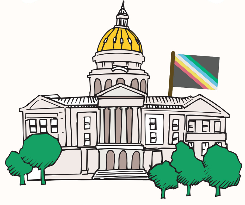 A stylized illustration of the Minnesota State Capitol building. In the foreground are green trees. A gray flag with diagonal stripes in various colors (green, blue, white, yellow, and pink) flies from the right side of the building, representing the Disability Pride flag.