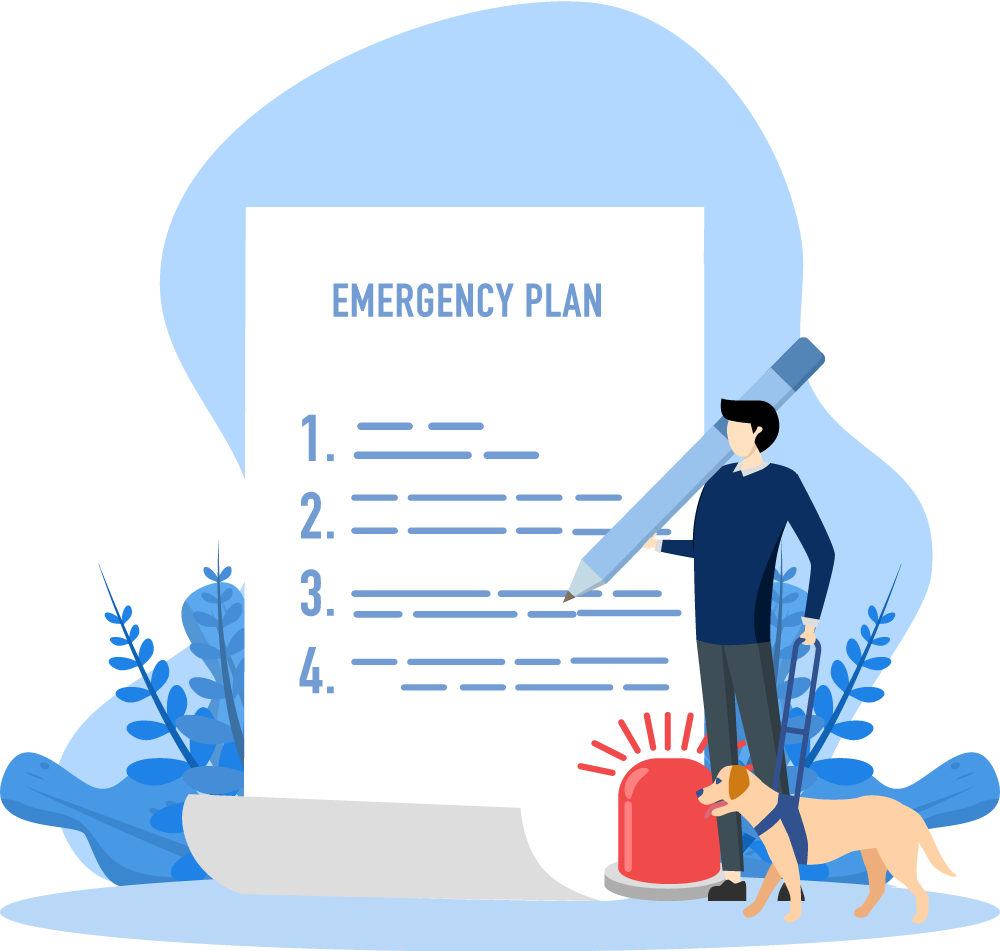 An illustration of an emergency plan list with a man and assistance dog.