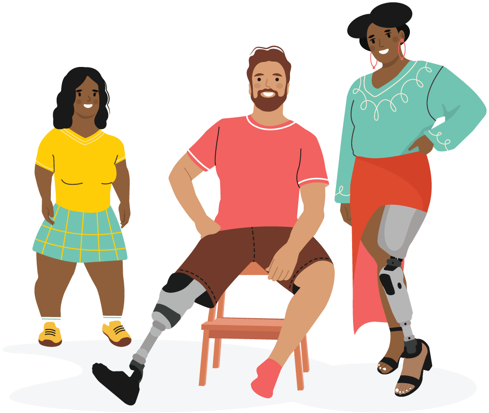 Illustration of three diverse individuals including a man with a prosthetic leg and a woman with a prosthetic leg.