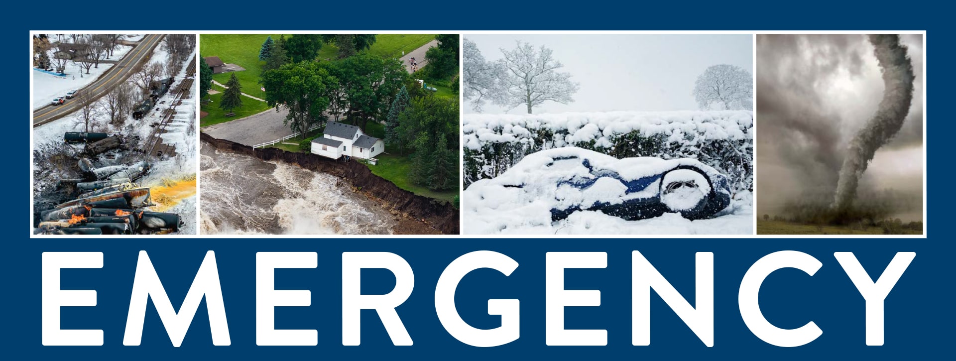 Banner titled "Emergency" with four panels showing a train wreck, a house on the edge of a flooded area, a snow-covered car and a tornado.