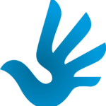 Human Rights Logo. A stylized blue hand icon resembling a dove in flight, symbolizing peace, human rights, and inclusion.