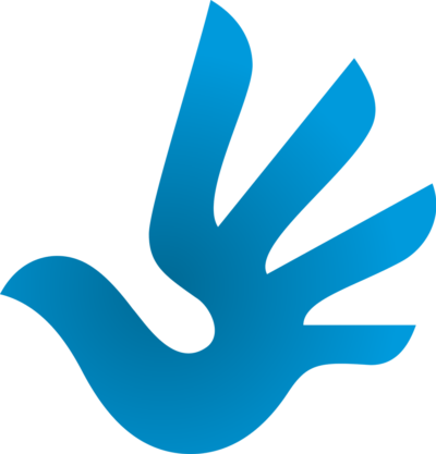 Human Rights Logo. A stylized blue hand icon resembling a dove in flight, symbolizing peace, human rights, and inclusion.