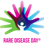 Logo for Rare Disease Day featuring a stylized design of multiple overlapping hands. The center of the design includes a stylized figure. Text "Rare Disease Day ®"