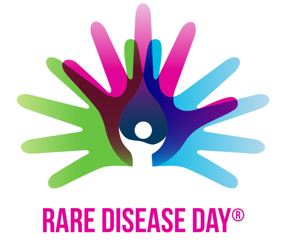 Logo for Rare Disease Day featuring a stylized design of multiple overlapping hands. The center of the design includes a stylized figure. Text "Rare Disease Day ®"